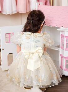 Baby Girl Elegant Cute Apricot Mesh Embroidered Peter Pan Collar Summer Dress Outfit