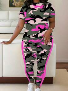 Maweii Plus Size Fashionable Camo Print Casual Women 2 Pieces Set Short Sleeve Top And Pants