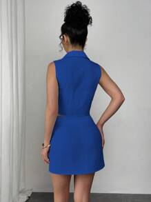 SHEIN Unity 2pcs Set: Collared Sleeveless Single-Breasted Top And Skirt - Royal Blue - View 2