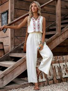 SHEIN LilyWest 女式休闲刺绣 V 领无袖弹力抽绳直筒连体裤，夏季 - 白色 - 查看 3