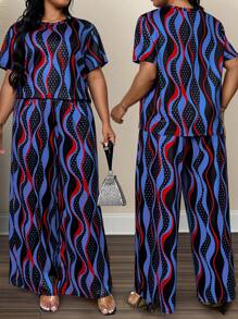 SHEIN LUNE Set de 2 bucăți pentru femei de mărime mare, modă de vară, stil nou, imprimeu floral, largi, lejer, pentru reducerea vârstei