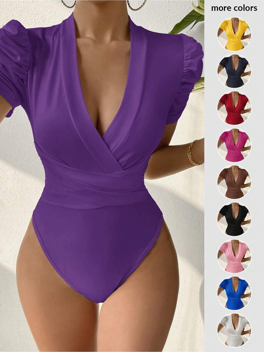 SHEIN SXY 泡泡袖低胸交叉紧身衣 - 紫色 - 查看 1