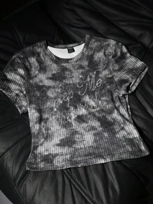 Coolane 女士夏季音乐节狂欢街头服饰复古西部风 Y2K Gyaru 水钻扎染黑色短款上衣 T 恤