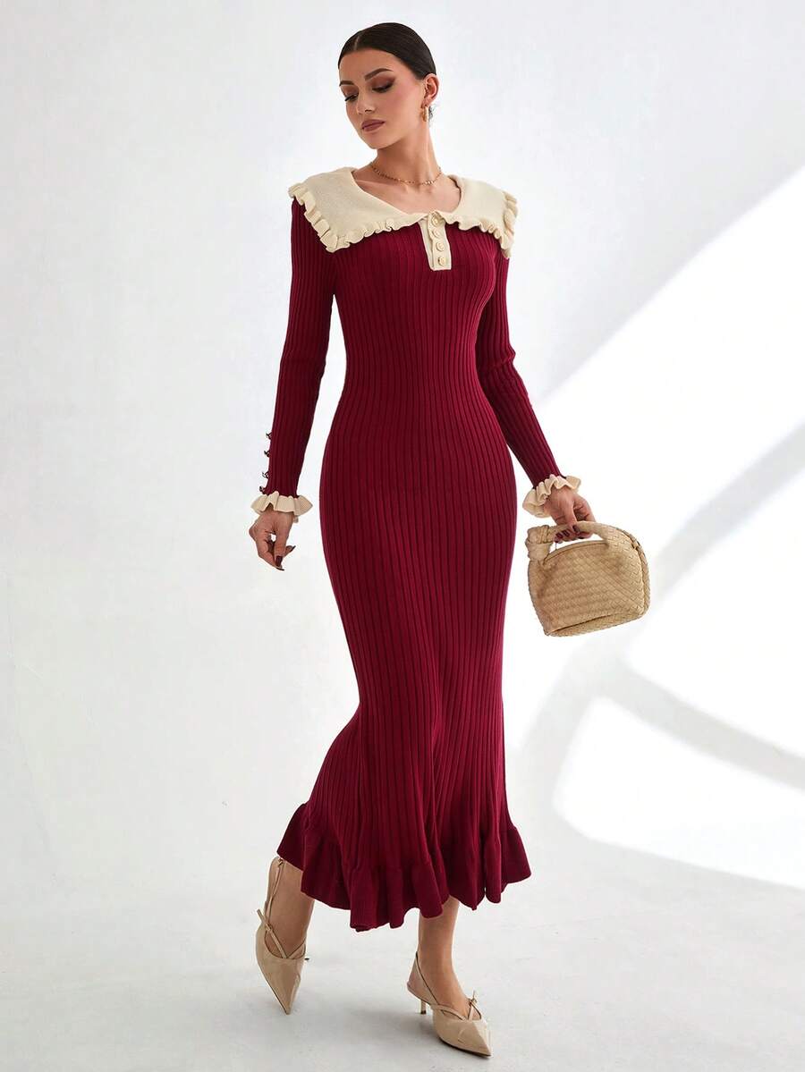 CLARA VERO Women Peter Pan Collar Rib Knit Front Button Ruffle Trim Knit Dress Sleeve Long Sweater Dress,Winter Dresses - Burgundy - View 1