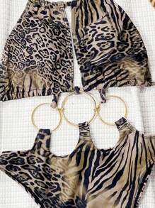 SHEIN Leopard Print Patchwork Pattern Drawstring Halter Tie-Up 3-Ring Hollow Sexy Beach One Piece Swimsuit For Women - Multicolor - View 5