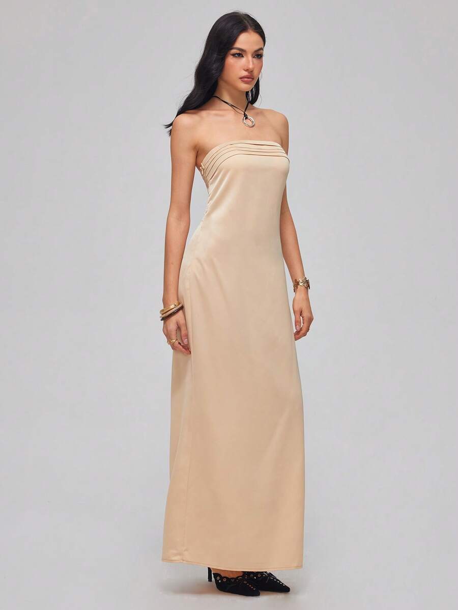 Roylia Sexy Elegantly Minimalist Strapless Backless Maxi Dress - Gold - View 1
