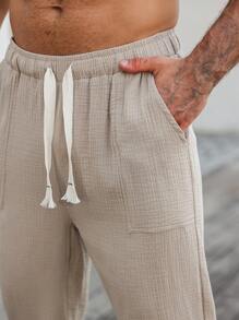 Manfinity RSRT Men's Drawstring Waist Casual Patched Pocket Loose Pants, Drawstring Waist Straight Leg Pants, Plain Vacation Slacks Pants, For Daddy & Husband, Boyfriend Gifts, Fall - Khaki - View 4