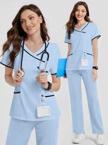 TaskEZ 撞色镶边V领口袋短袖制服上衣 - 淺藍色 - 查看 1