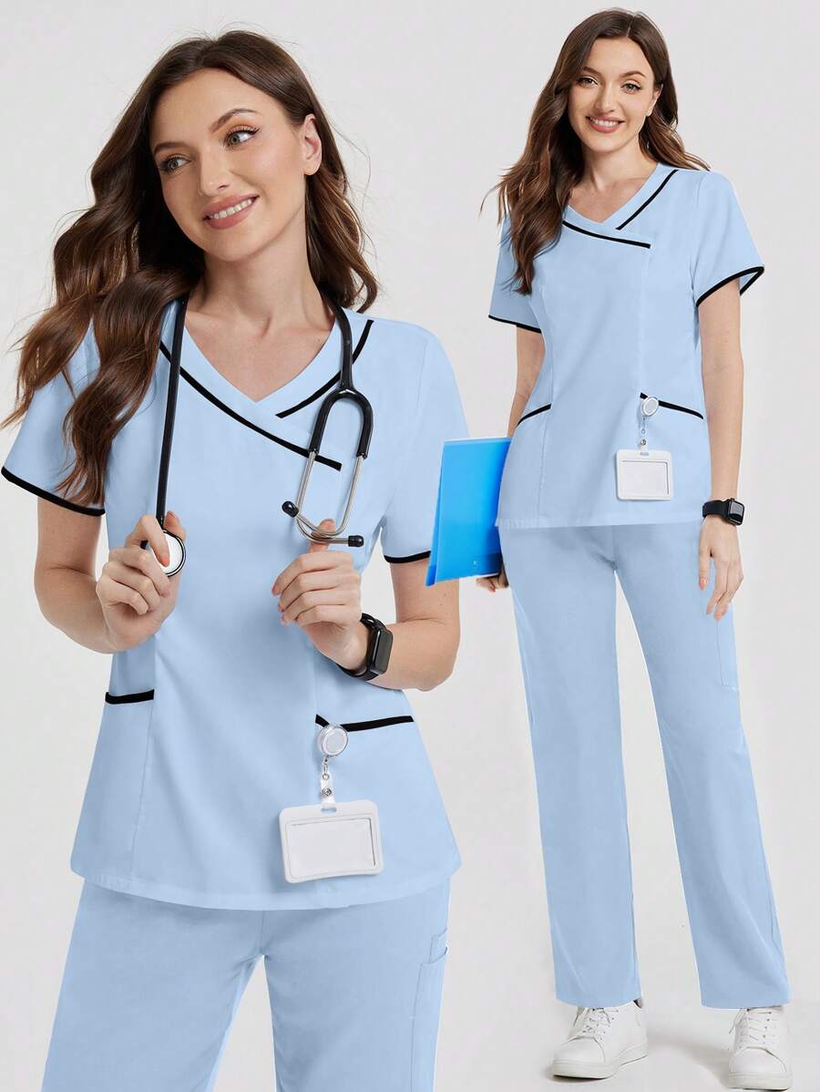 TaskEZ 撞色镶边V领口袋短袖制服上衣 - 淺藍色 - 查看 1