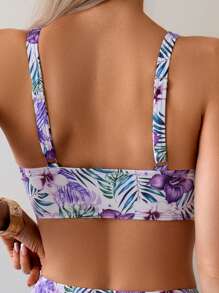 SHEIN Women's 2 Pieces Tropical Plant Print Ruched Front Tankini And Swim Shorts Casual Beach Vacation Bikini Set For Summer - Purple - View 3