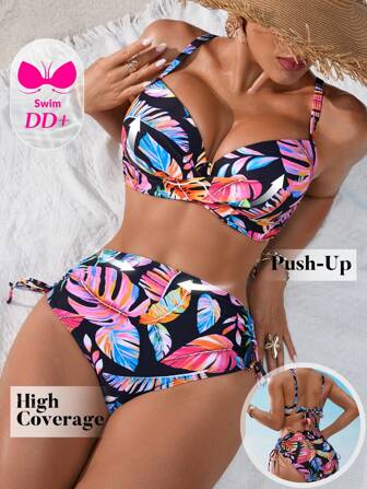 Swim DD+ DD+ Cup Size Colorful Floral Print Bikini Set For Summer Beach Vacation