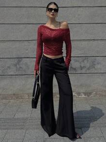 DAZY Women's Lace Shoulder Cut Out Fitted Cropped Sheer Blouse, White, Spring/Summer Y2k Long Sleeve Women Tops,Fall Women Clothes - Burgundy - View 5