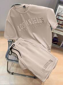Manfinity Joysei 2pcs/Set Men's Standard Size Embossed Letter Pattern Khaki T-Shirt And Shorts Set, Cozy Outfits - Khaki - View 8