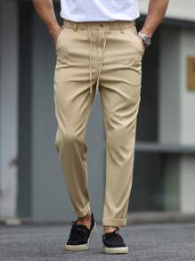 Manfinity Homme Men's Solid Color Pleated Waist Tie Tapered Casual Pants - Khaki - View 3