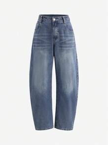 SHEIN ICON Women's Casual Washed Low Waist Flare Leg Jeans - Medium Wash - View 1