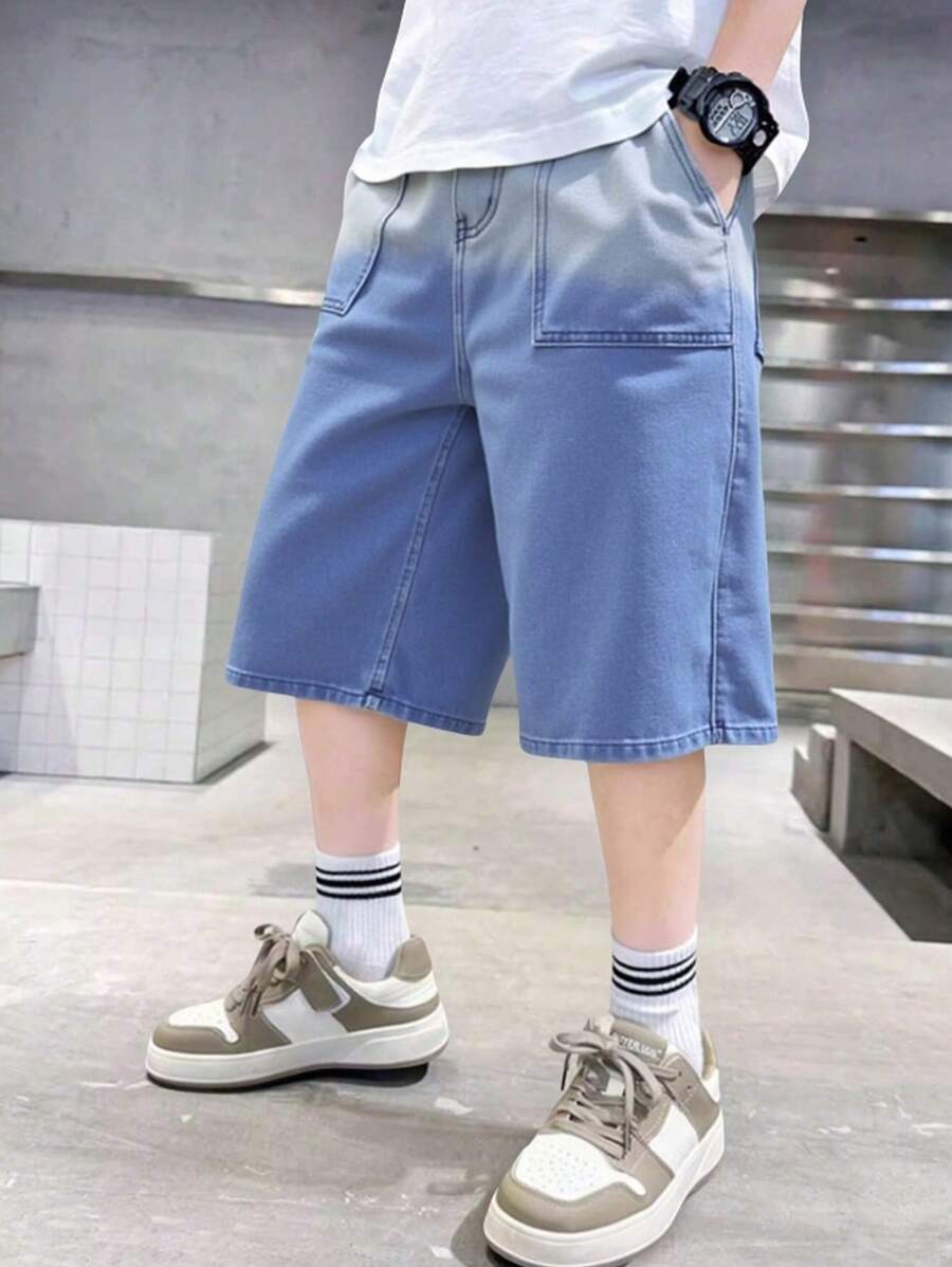 SHEIN Tween Jungen Mode Lässig Patch Details Farbverlauf Blau Dreiviertelhose mit weitem Bein für Kinderbekleidung, weiche Alltagskleidung und Kinder Sommer- und Frühjahrskleidung - Blau - Übersicht 1