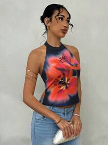 Glamine 女式度假风格花卉印花露背性感短款露背上衣，针织弹力纯色 - 黑色 - 查看 6