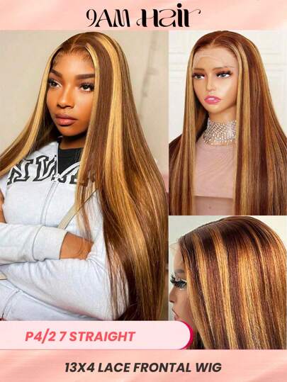 P4/27 Straight 13x4 Transparent Lace Front Wig Human Hair Honey Blonde Highlight 180% Density 30-32 Inch Top Quality For Women