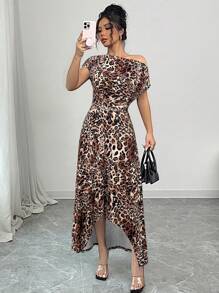 Firerie Women's Summer Dress With Asymmetrical Shoulder, Short Sleeves, Pleated Front Panel, Asymmetrical Hem Design In Woven Fabric, Daily Casual Versatile Style