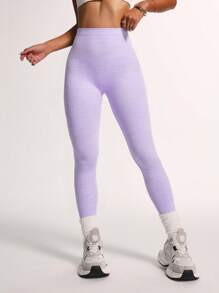 Gameset SHEIN Sport Quần legging tập yoga cạp cao liền mạch màu trơn tối giản cho nữ - Màu tím - Xem 4