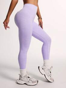 Gameset SHEIN Sport Quần legging tập yoga cạp cao liền mạch màu trơn tối giản cho nữ - Màu tím - Xem 6