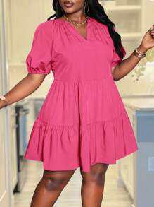 Slaydiva 大码女式宽松休闲度假纯色蓝色灯笼袖荷叶边拼接A字娃娃裙，吊带裙，夏季女装 - 玫紅色 - 查看 1