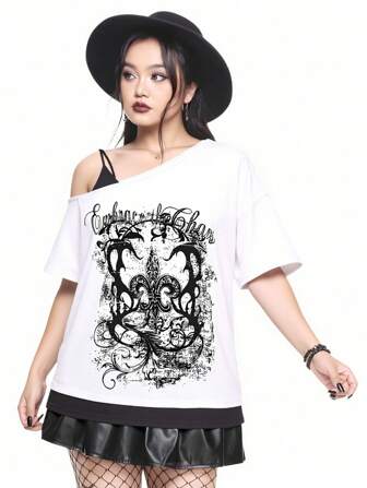 Grunge Punk Women's Dark Punk Style Floral Print Rhinestone Decor Asymmetrical Neck Loose T-Shirt