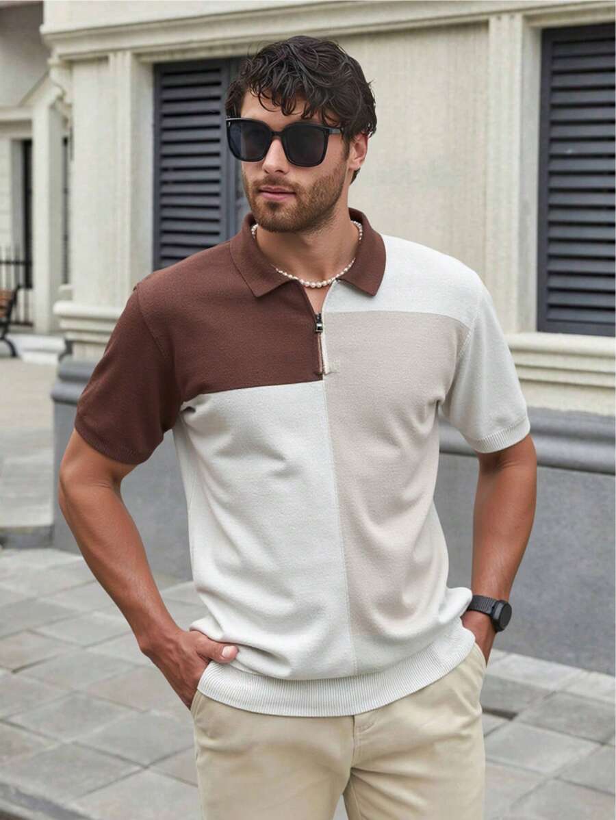 Manfinity Homme Suéter de punto de manga corta con cierre a rayas y cuello con cremallera para hombre