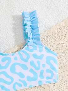 SHEIN Young Girl Summer Vacation Beach Leopard Print Ruffled Trim Bikini Set - Multicolor - View 3
