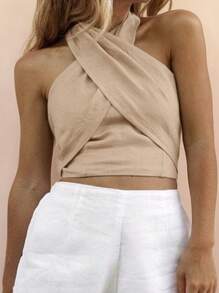SHEIN VCAY Plus Size Women Summer Solid Color Criss-Cross Halter Crop Top - Khaki - View 5