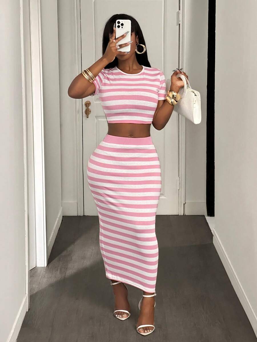 BamGleam Bộ 2 món/Bộ áo crop top kẻ sọc thường ngày mùa hè cho nữ và chân váy ngắn - Nhiều màu - Xem 1