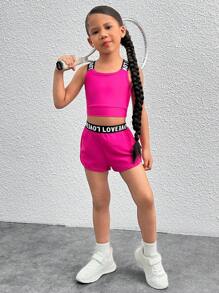 SHEIN 2pcs Young Girl Knitted Solid Color Letter Elastic Cuff Tank Top And Shorts Sports Set - Hot Pink - View 2