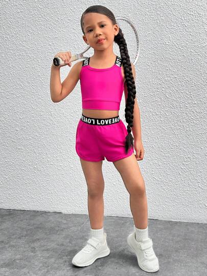 SHEIN 2pcs Young Girl Knitted Solid Color Letter Elastic Cuff Tank Top And Shorts Sports Set