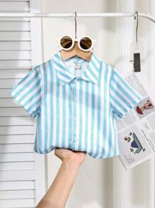 SHEIN Camisa de manga corta con estampado de cuadros casual, linda y divertida para niño/niña, adecuada para primavera, verano y vacaciones