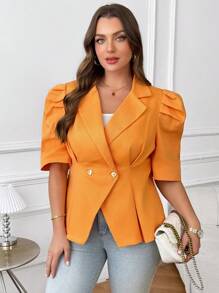 SHEIN Clasi Plus Size Women Elegant Orange Short Sleeve Metal Buttoned Puff Sleeve Blazer , Summer For Women - Orange - View 5