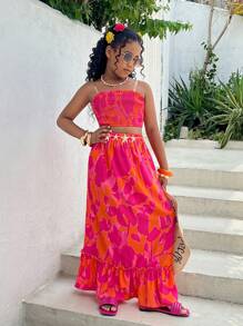 青少年女孩度假休闲夏季花卉印花弹力抹胸迷你裙两件套长裙春夏 - 橘色 - 查看 4