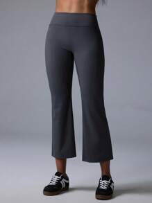 Fluxe Movishi Moisture Absorption & High Stretch Solid Color Elastic Waist Flare Leg Casual Leggings, Versatile Base Pants - Grey - View 4