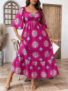 SHEIN LUNE Vestito da vacanza estivo con stampa all-over e orlo con volant, adatto anche per laurea, per taglie comode