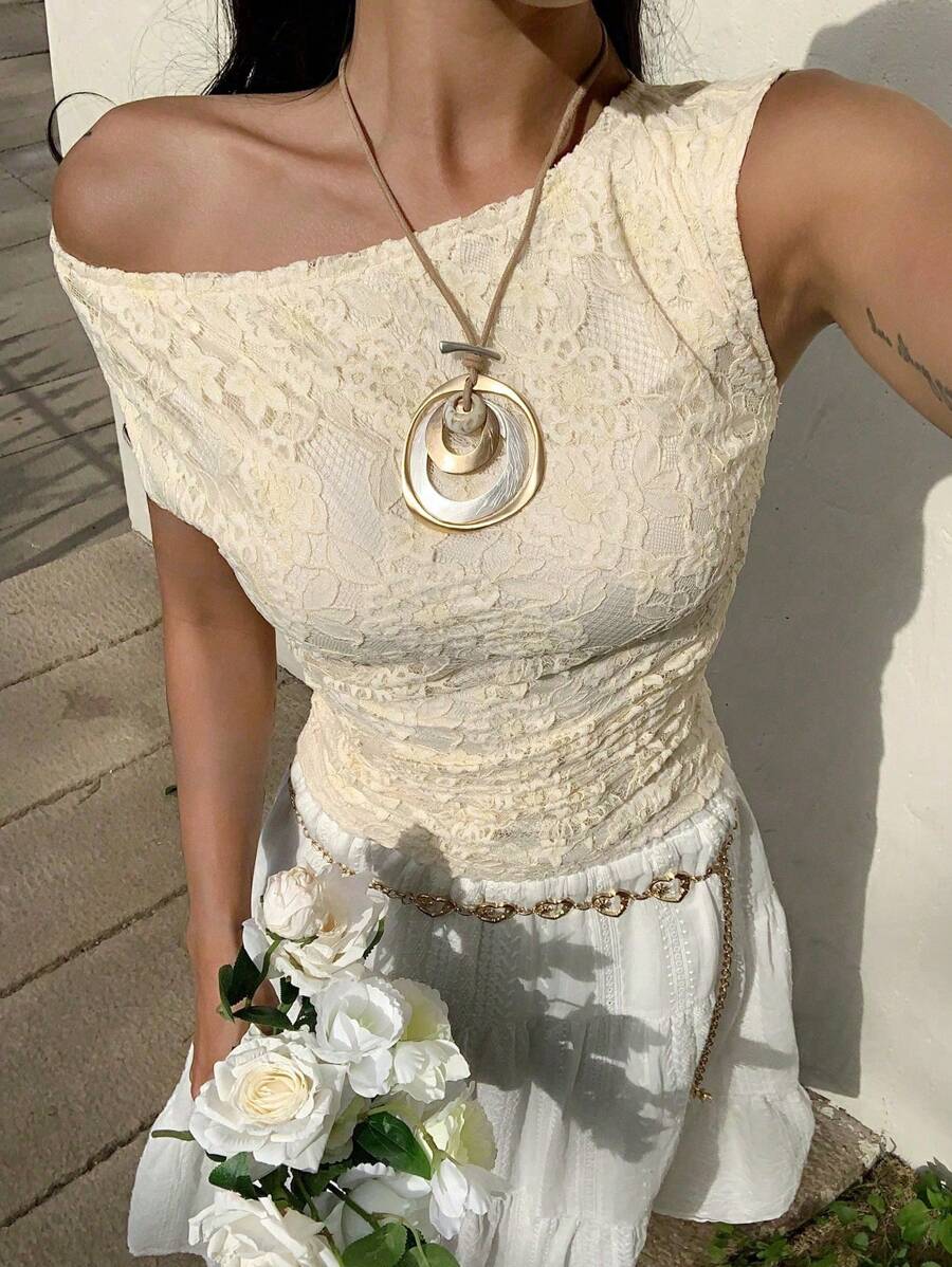 SHEIN Essnce Women Solid Color Lace Asymmetric Neck Elegant Short Sleeve T-Shirt - Apricot - View 1