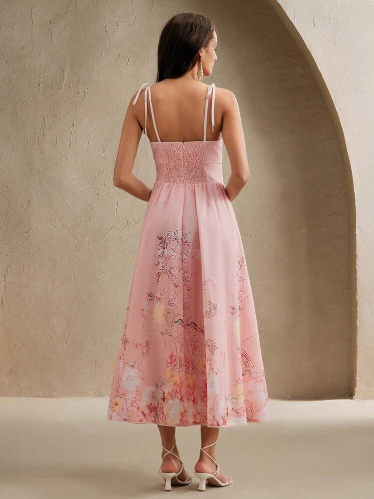 Elegant Floral Print Ruffled Waist Slim Look Sleeveless Women Dress, Suitable For Vacation, Spring/Summer, Festival, Graduation