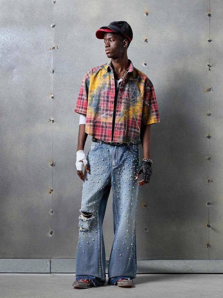 X LYSMO COLLAB Men's Street Fashion Woven Denim Short Sleeve Shirt, Couple Things