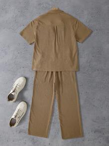 Men Button Front Pocket Short Sleeve Shirt And Drawstring Waist Long Pants 2-Piece Set - Khaki - View 2