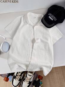 SHEIN Stylish Texture Print Pattern Turndown Collar Short Sleeve Boys' White Casual Shirt, Suitable For Spring/Summer Homewear, Outing, Travel, Versatile - White - View 7