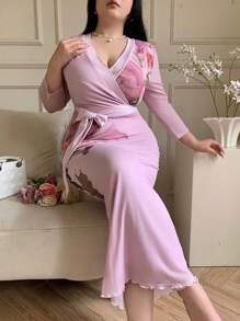 Modelyn 休闲复古花朵图案修身长袖连衣裙，适合夏季 - 淺粉色 - 查看 1