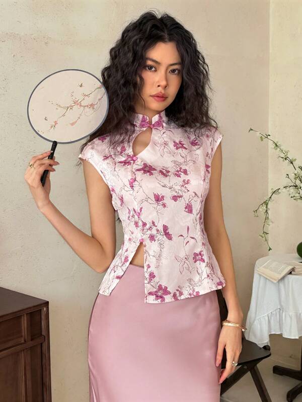 EastFlair Maiou elegant vintage pentru femei, cu imprimeu floral, decolteu în V