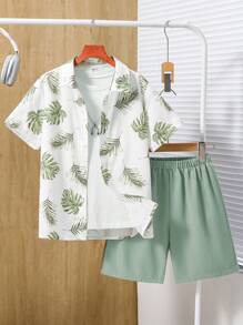 2 pièces Ensemble de chemise à manches courtes florales et shorts décontractés pour garçons préadolescents, convenant pour le trajet, l'école, le port casual quotidien, les sports, le printemps/l'été, les vacances, la plage