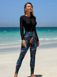 Swim Mulvari Women's Vacation Beach One-Piece Swimsuit With Pants Coverup Burkini Set For Summer