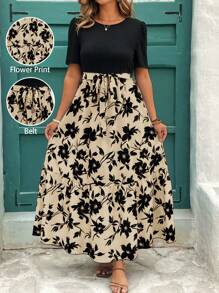 SHEIN Clasi Abito con stampa floreale, orlo arricciato, maniche corte e scollo tondo, per donna in taglie forti. Abito per compleanno, abbigliamento estivo da donna, abito nero, abito da spiaggia, abito floreale da donna, abbigliamento boho da donna, per vacanze