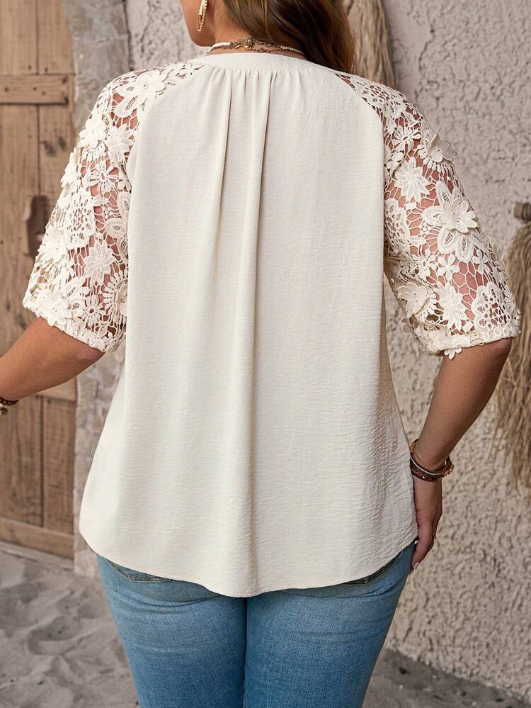 Plus Size Puff Sleeves V-Neck Lace Cuffed Blouse, Apricot Bohemian Style, Suitable For Spring And Summer Gifts For Mother Vacay Vibes Springbreak Casual Wear Bohemia Loose Fit Country Concert Blouse