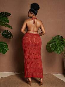 Maweii Plus Size Women's Sweater Sexy Knit Set For Vacation Halter Vest + Cutout Drawstring Dress Summer Beach Women Outfits - Rust Brown - View 6